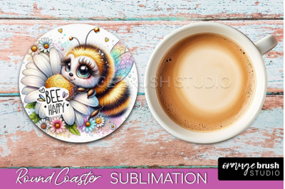 Bee Round Coaster Sublimation, Cute Bee Car Coaster Design