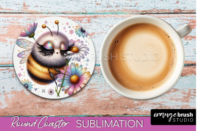 Bee Round Coaster Sublimation, Cute Bee Car Coaster Design