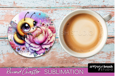 Bee Round Coaster Sublimation, Cute Bee Car Coaster Design