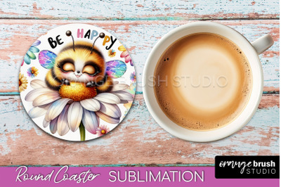 Bee Round Coaster Sublimation, Cute Bee Car Coaster Design