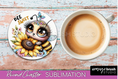 Bee Round Coaster Sublimation, Cute Bee Car Coaster Design