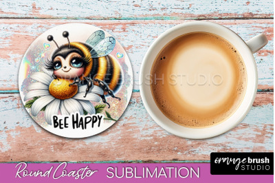 Bee Round Coaster Sublimation, Cute Bee Car Coaster Design