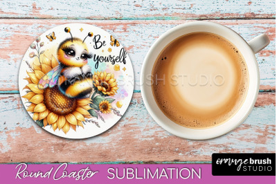 Bee Round Coaster Sublimation, Cute Bee Car Coaster Design