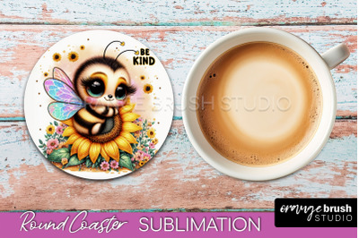 Bee Round Coaster Sublimation, Cute Bee Car Coaster Design