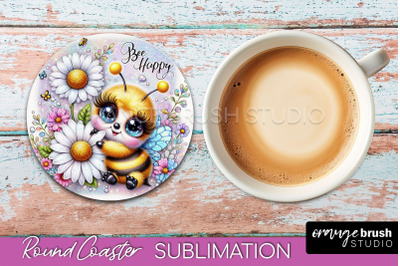 Bee Round Coaster Sublimation, Cute Bee Car Coaster Design