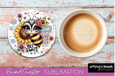 Bee Round Coaster Sublimation, Cute Bee Car Coaster Design