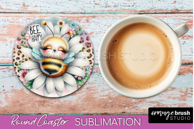 Bee Round Coaster Sublimation, Cute Bee Car Coaster Design