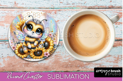 Bee Round Coaster Sublimation, Cute Bee Car Coaster Design