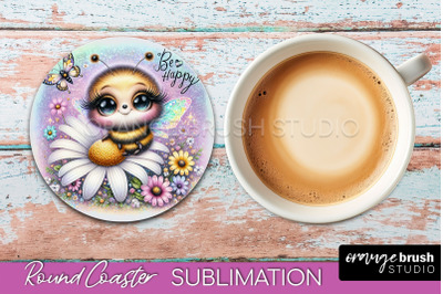 Bee Round Coaster Sublimation, Cute Bee Car Coaster Design