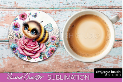 Bee Round Coaster Sublimation, Cute Bee Car Coaster Design