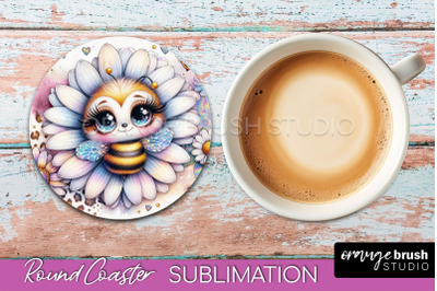 Bee Round Coaster Sublimation, Cute Bee Car Coaster Design