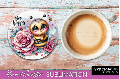 Bee Round Coaster Sublimation, Cute Bee Car Coaster Design