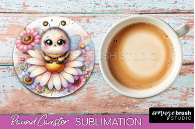 Bee Round Coaster Sublimation, Cute Bee Car Coaster Design