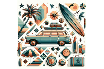 Summer travel  retro car with surfbo