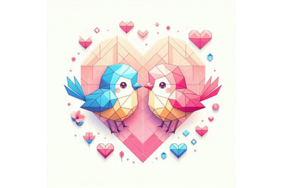 A 2D Two cute bird lovers on pink he