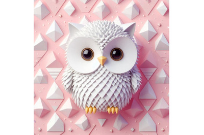 cute fluffy white owl, pink background 3D