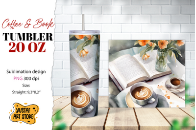 Coffee tumbler wrap. Coffee and book sublimation design