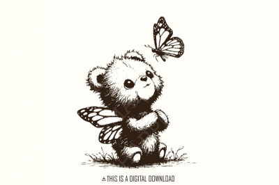 Adorable Grizzly Bear with Butterfly Wings PNG&2C; Vintage Animal Sketch&2C; Cute Self Care &amp;amp; Sarcastic Sayings&2C; Funny Tshirt Quotes Download