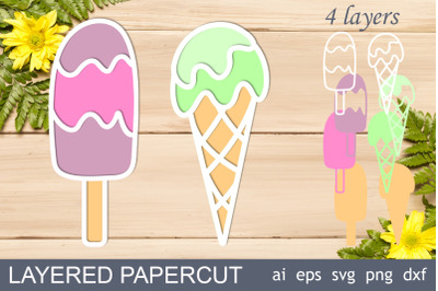 Ice cream layered, 3d Summer svg, Bookmarks papercut