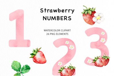 Watercolor Strawberry Pink Numbers Clipart