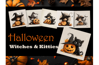 Comic Halloween Set with Cute Witches, Black Kittens, Pumpkins