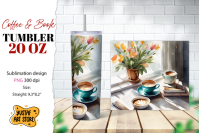 Coffee tumbler wrap. Coffee and book sublimation design