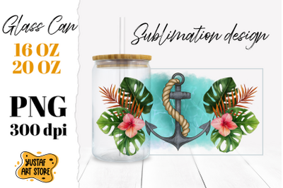 Anchor and Tropical leaves Glass Can. Cruise glass can wrap