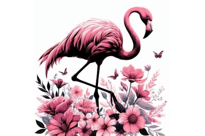 ink flamingo with flowers. digit