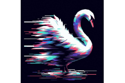 Swan in Glitch Art Style on Dark B