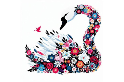 an elegant white swan in vibrant array of flowers