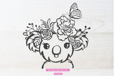 Cute Koala with Flowers on Head, Koala Flower Crown Svg, Australia