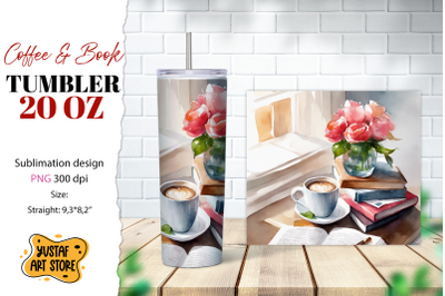 Coffee tumbler wrap. Coffee and book sublimation design