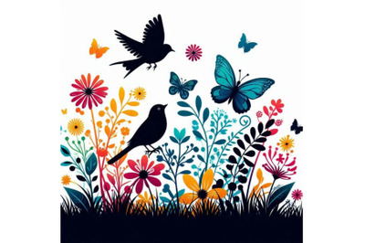 colorful Bird and butterfly with grass and f