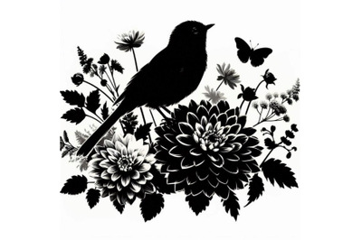 a little bird and blooming dahlia flowers