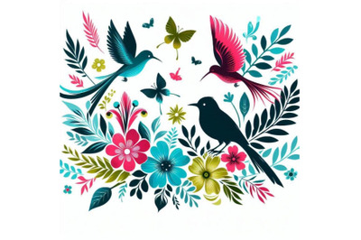 colorful Birds and butterfly with leaves an