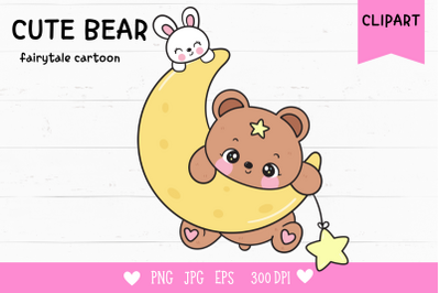 Teddy bear and rabbit bunny on moon kawaii clipart animals