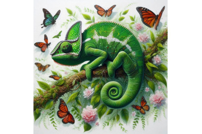 01 green chameleon with butterflies