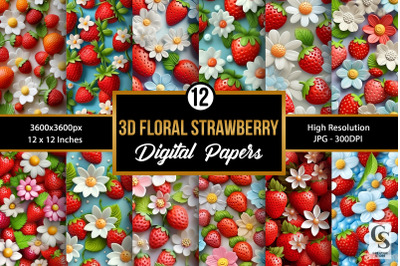 Floral 3D Strawberry Seamless Patterns