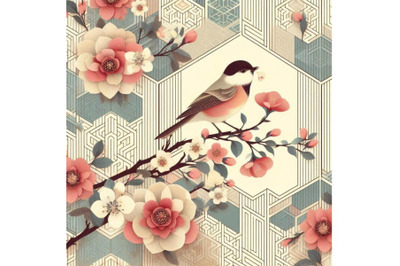 Vintage  floral card, bird on a blooming branch