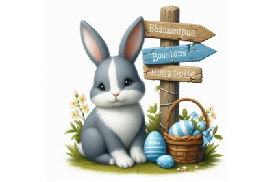 Easter bunny with signpost in gray and