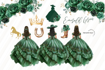 Emerald Green Princess Dress Clipart&2C; Green Flowers watercolor