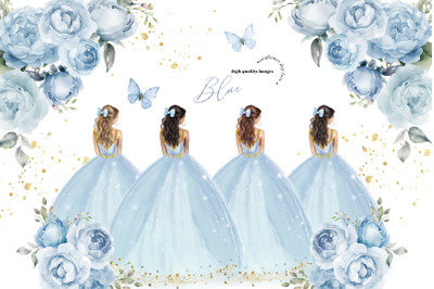 Dusty Blue Princess Dresses Clipart, Dusty Blue Quinceaera, Sweet 16th