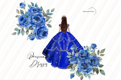 Royal Blue Silver Dresses Clipart, Blue Quinceanera, Sweet 16th