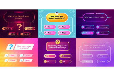 Trivia game ui. Question and answer template for quiz show, multiple c