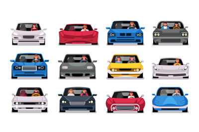 People in cars front view. Cartoon characters ride in different cars,