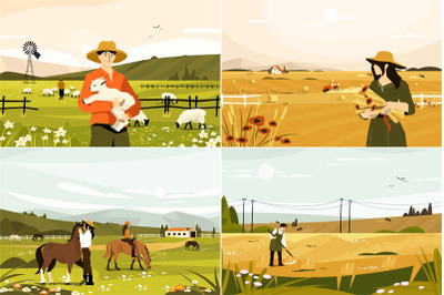 Rural landscape with farmers. Farm landscape with agricultural workers