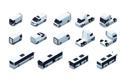 Various isometric car. Logistic delivery vehicles with cargo trailer,