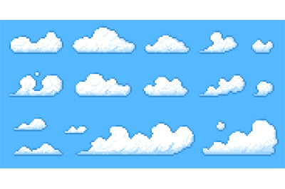 Pixel clouds. Retro 8 bit flying fluffy white clouds&2C; 16 bit sky heave