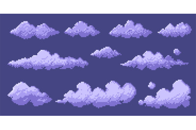 Pixelated 8 bit clouds. Retro video game sky background, digital 2D sp