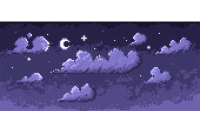 Pixel night sky. Retro low poly background with stars and clouds, nost